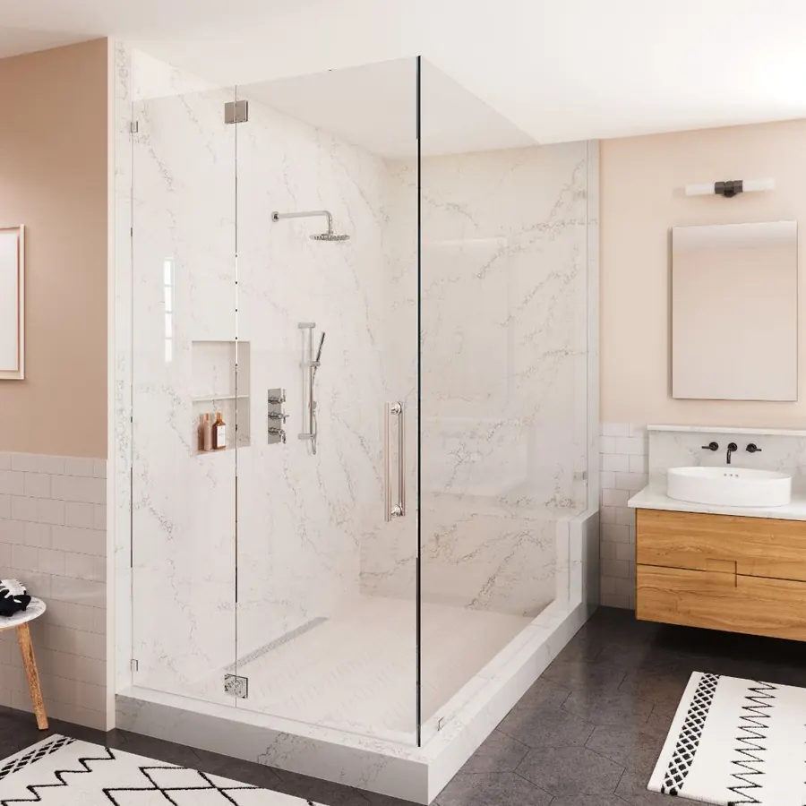 Fully remodeled bathroom with new flooring, vanity, shower and fresh paint