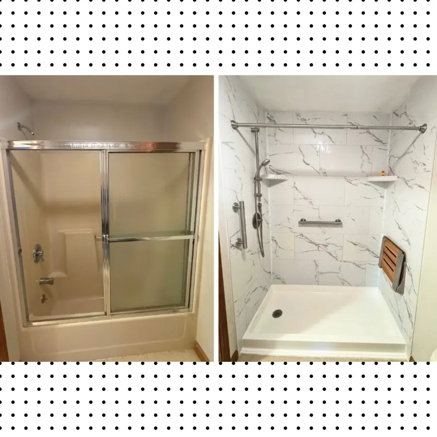 Newly installed tiled walk-in shower with glass door in an Anchorage home
