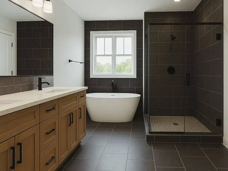 Remodeled bathroom with a new shower enclosure and modern double vanity